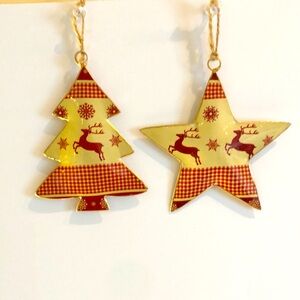 Set of (2) country style enameled Christmas tree ornaments